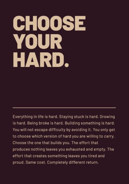 Choose Your Hard motivational poster with bold typography on a dark background, inspiring wall art for home