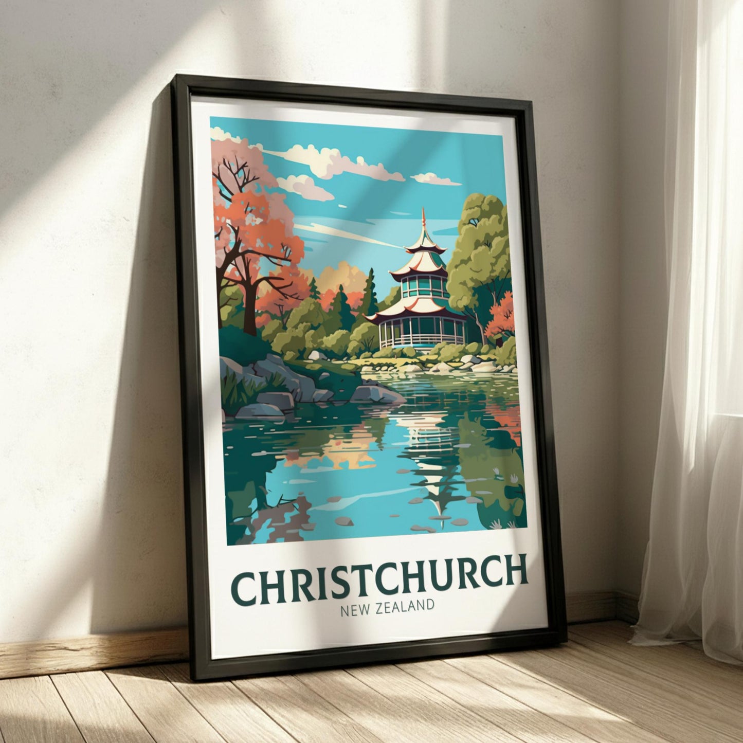 Framed poster of Christchurch, New Zealand with a scenic landscape.