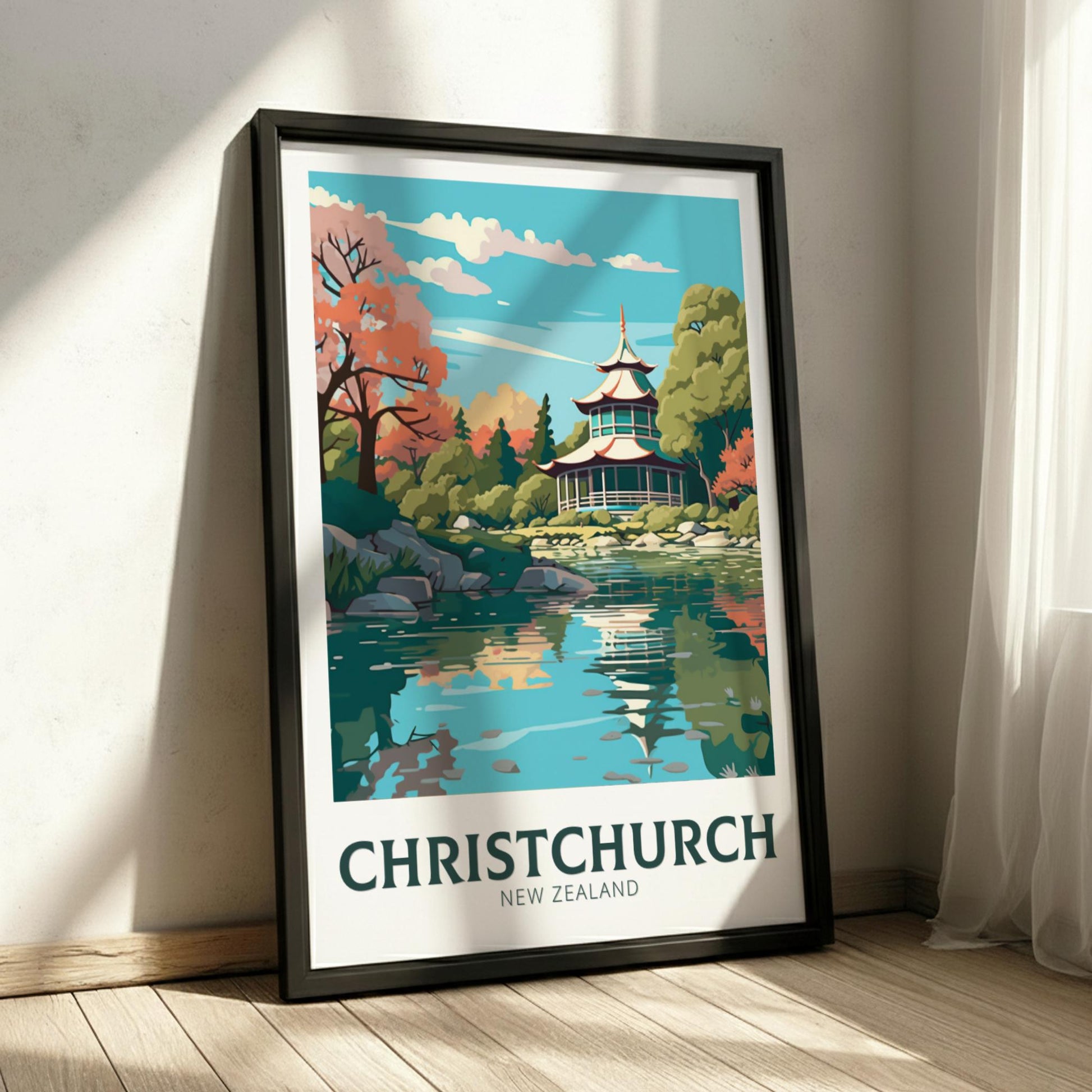 Framed poster of Christchurch, New Zealand with a scenic landscape.