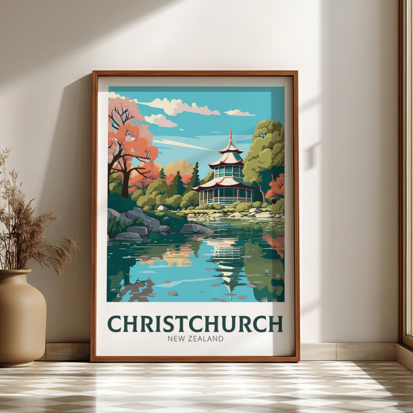 Framed artwork of Christchurch, New Zealand with a scenic landscape.