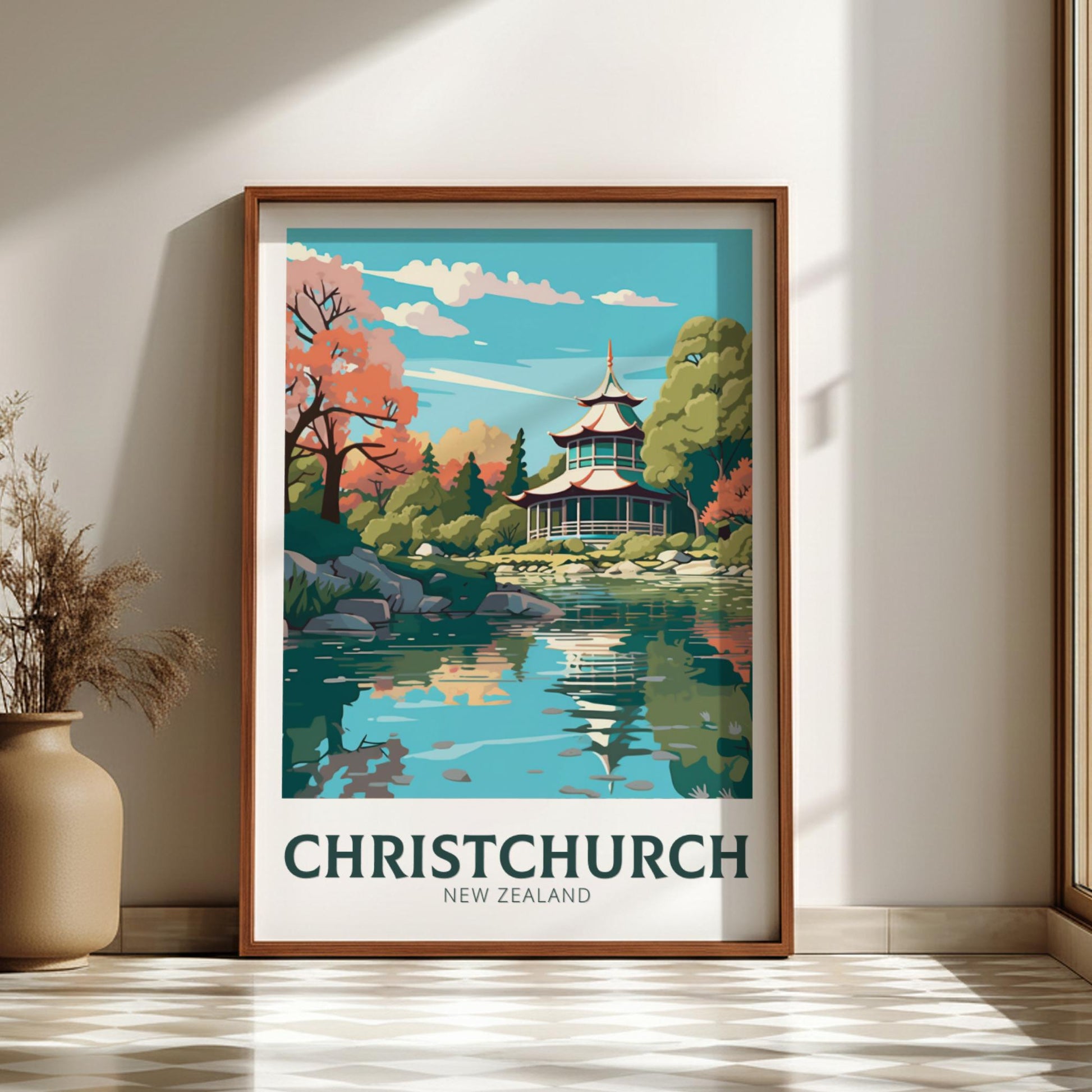 Framed artwork of Christchurch, New Zealand with a scenic landscape.