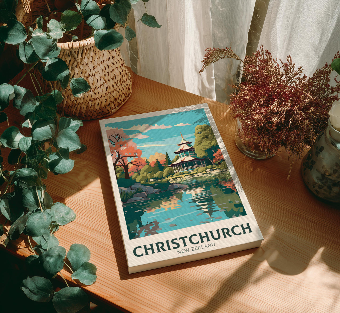 Canvas with Christchurch, New Zealand illustration on a wooden table with plants