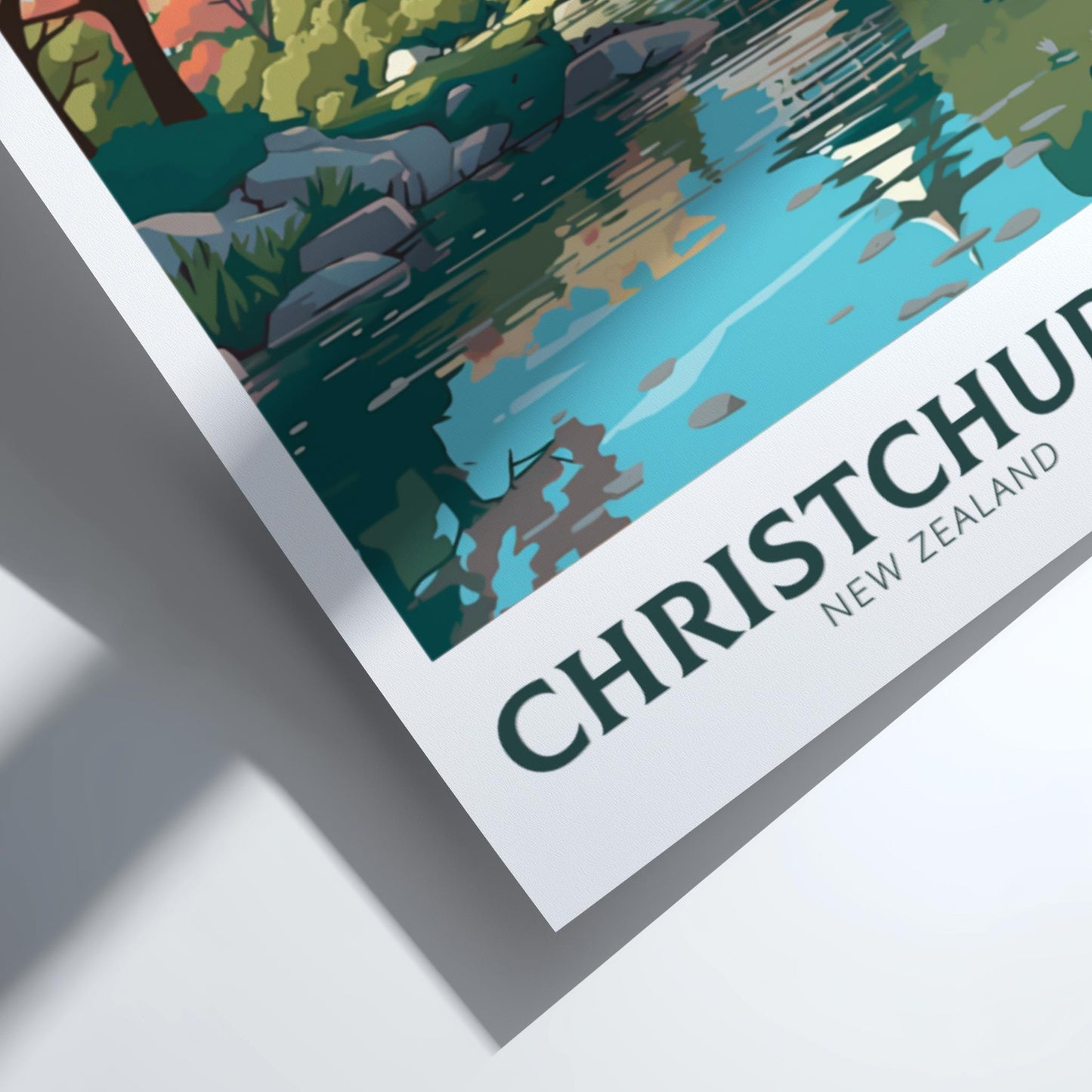 Poster of Christchurch, New Zealand with a scenic view and text.