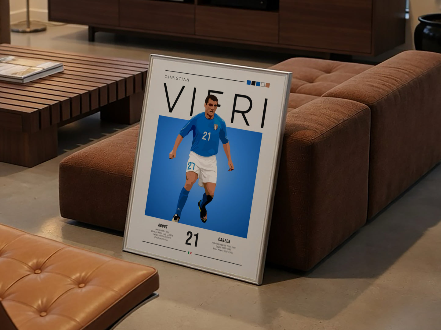 Christian Vieri poster featuring vibrant blue colors and dynamic football artwork for Italian football fans
