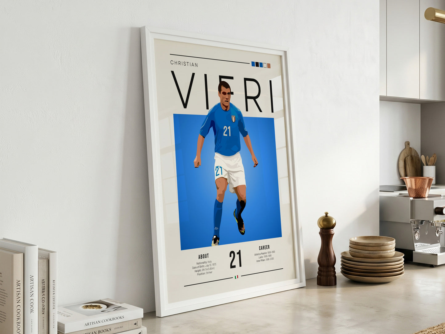 Christian Vieri poster featuring vibrant blue colors and dynamic football artwork for Italian football fans