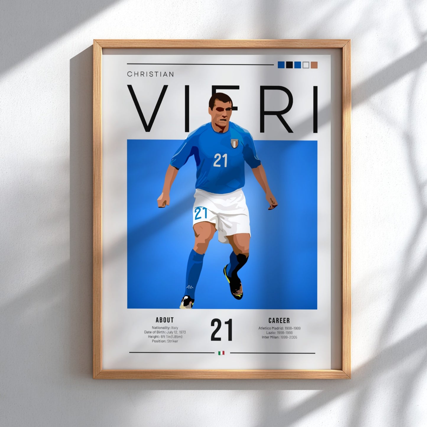 Christian Vieri poster featuring vibrant blue colors and dynamic football artwork for Italian football fans