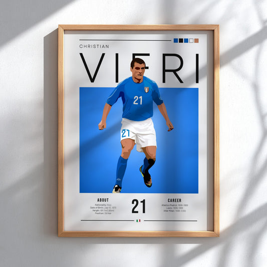 Christian Vieri poster featuring vibrant blue colors and dynamic football artwork for Italian football fans