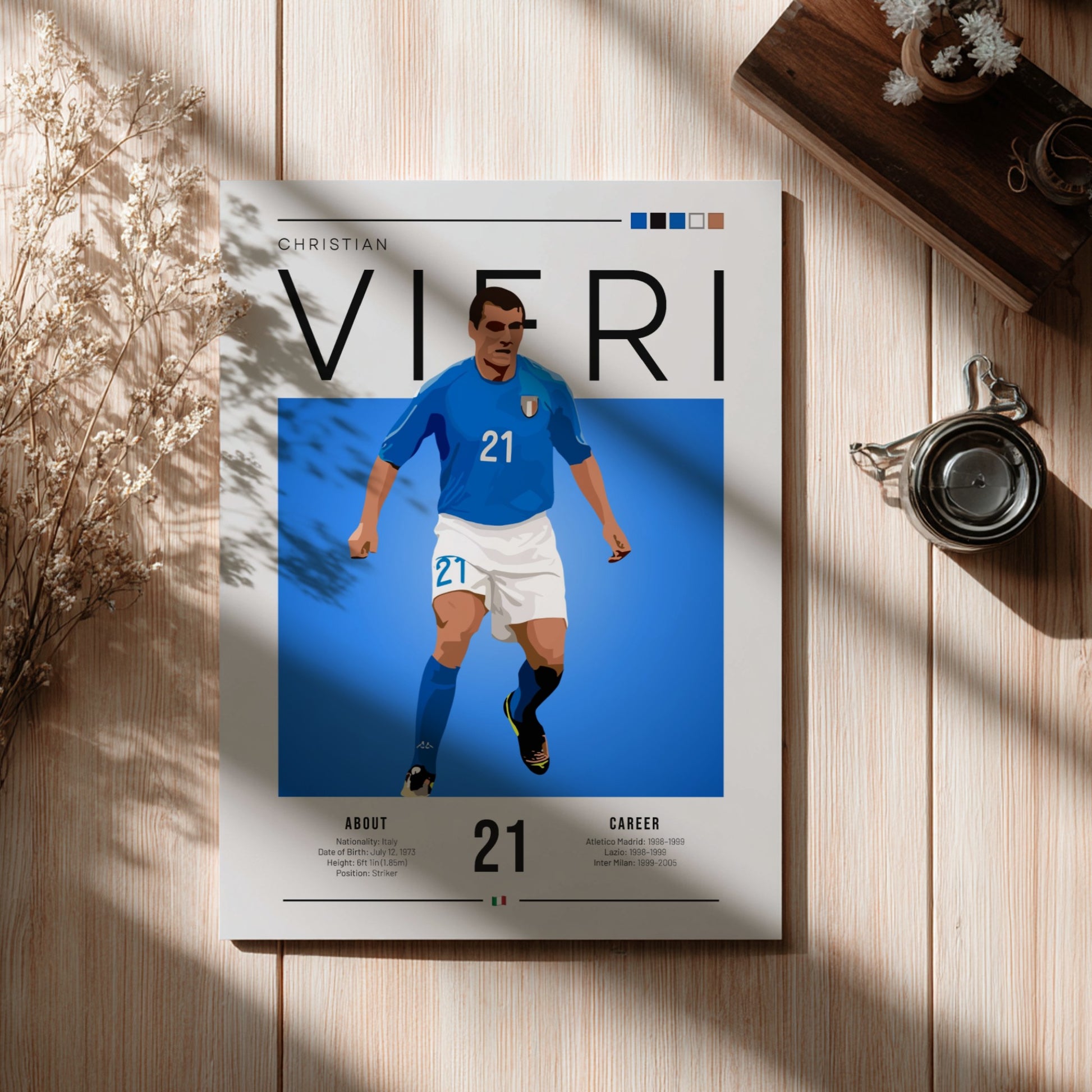Christian Vieri poster featuring vibrant blue colors and dynamic football artwork for Italian football fans