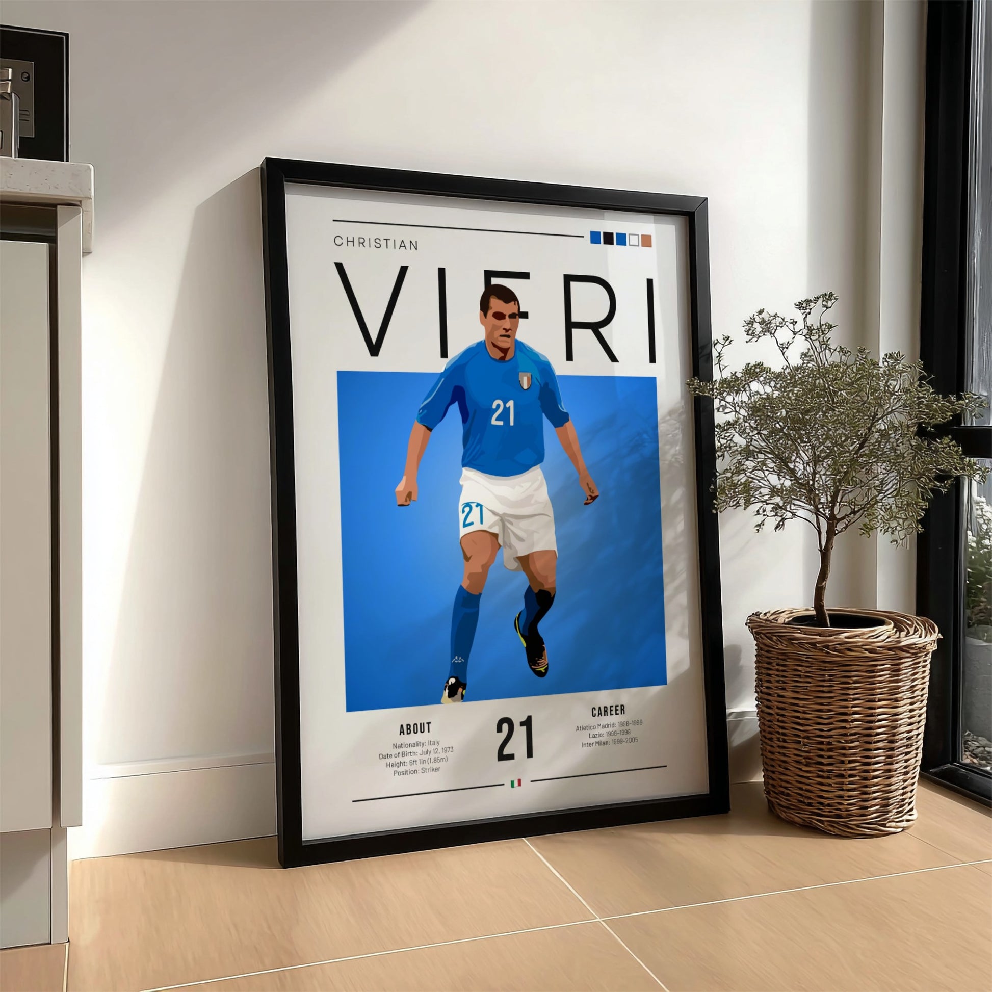 Christian Vieri poster featuring vibrant blue colors and dynamic football artwork for Italian football fans