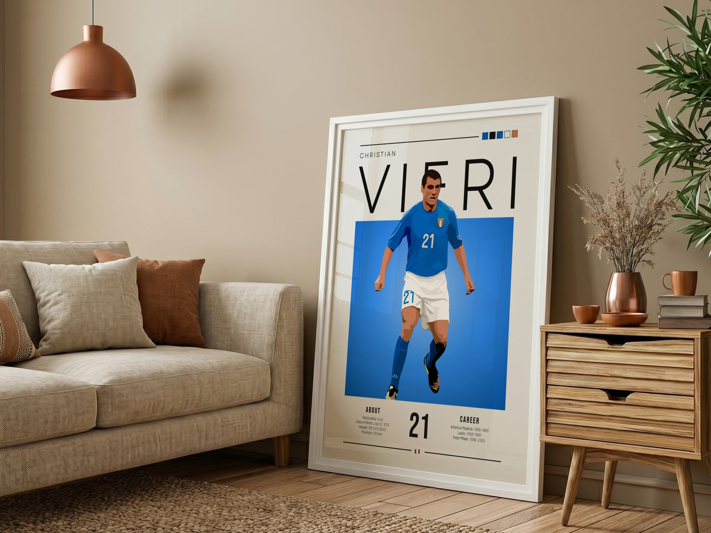 Christian Vieri poster featuring vibrant blue colors and dynamic football artwork for Italian football fans
