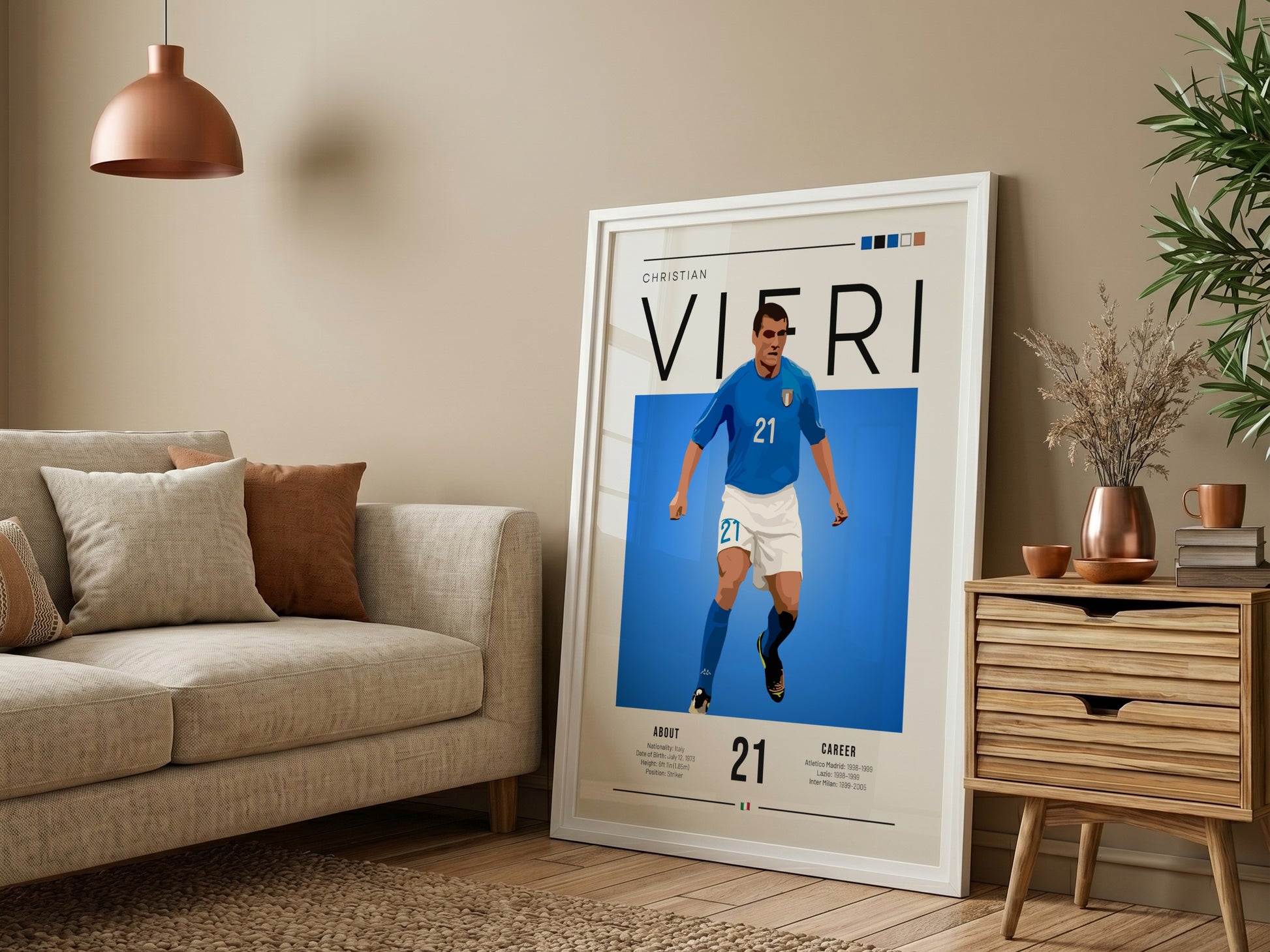 Christian Vieri poster featuring vibrant blue colors and dynamic football artwork for Italian football fans