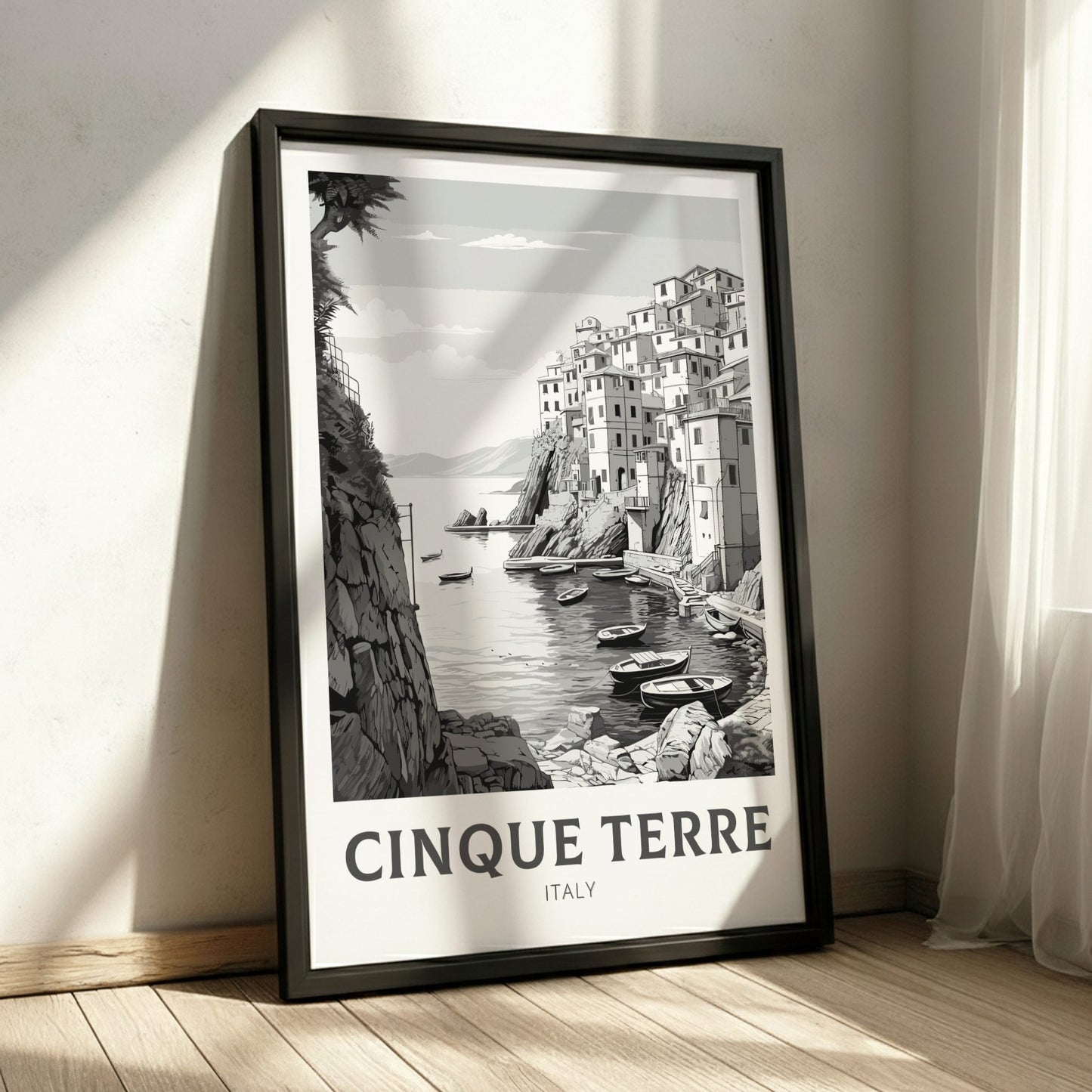 Cinque Terre Schwarz-Weiß-Reiseposter – Italien-Kunstwerk