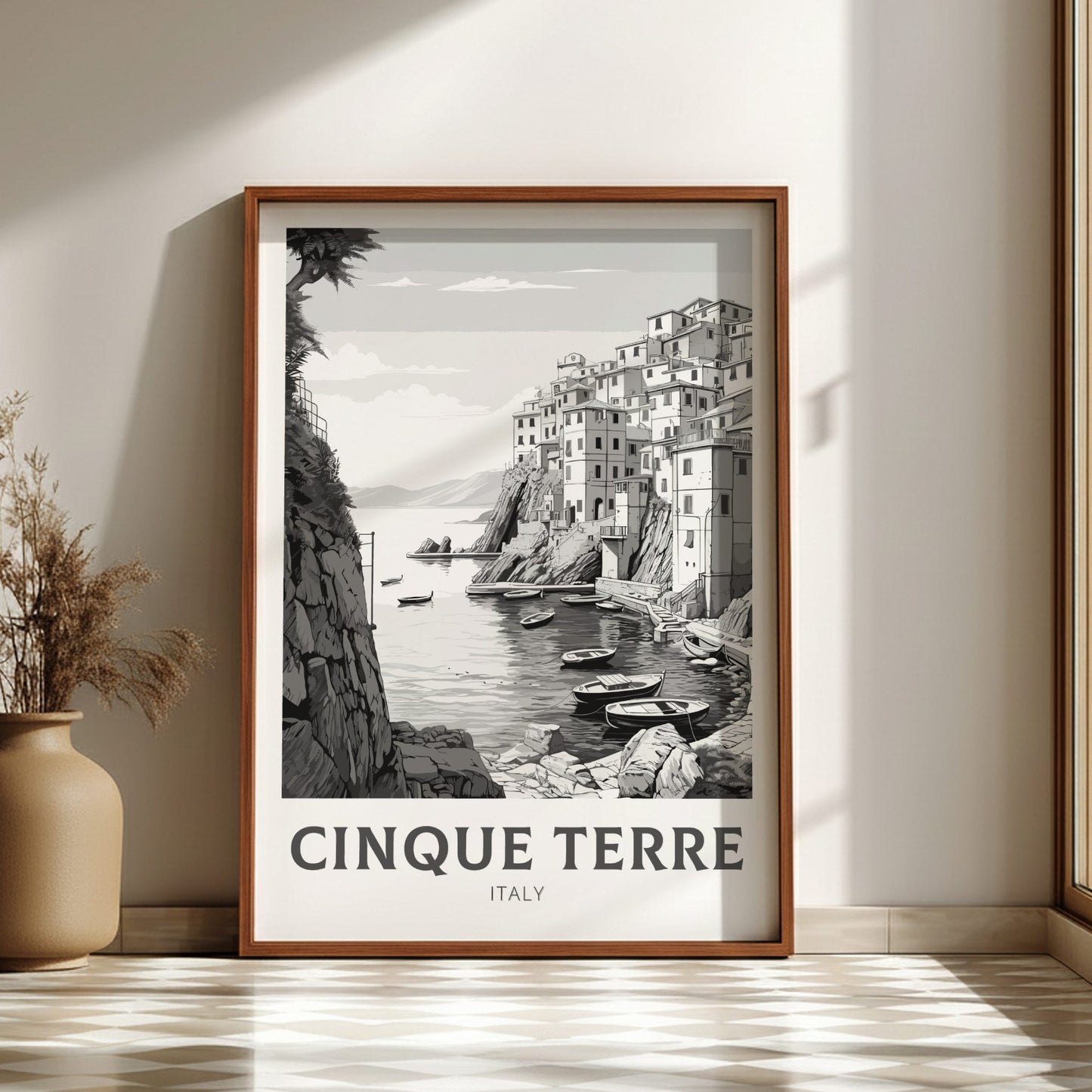 Cinque Terre Schwarz-Weiß-Reiseposter – Italien-Kunstwerk
