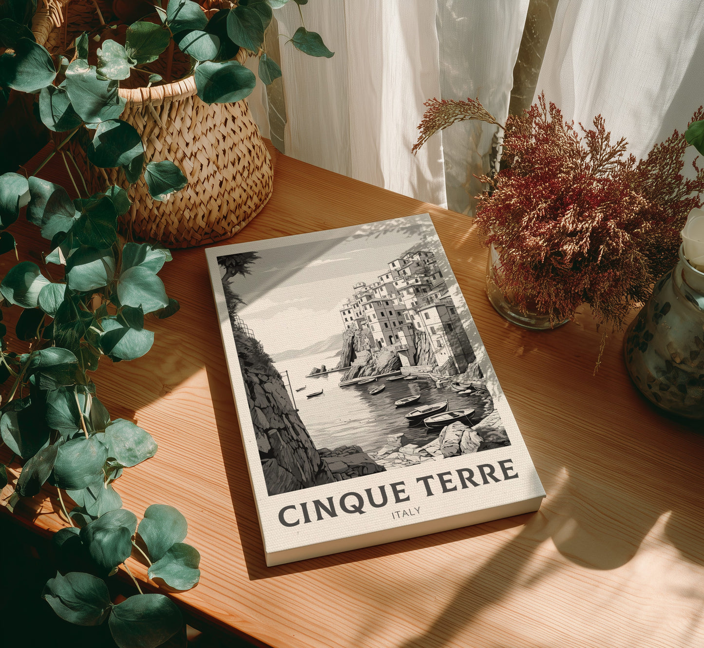 Cinque Terre Schwarz-Weiß-Reiseposter – Italien-Kunstwerk