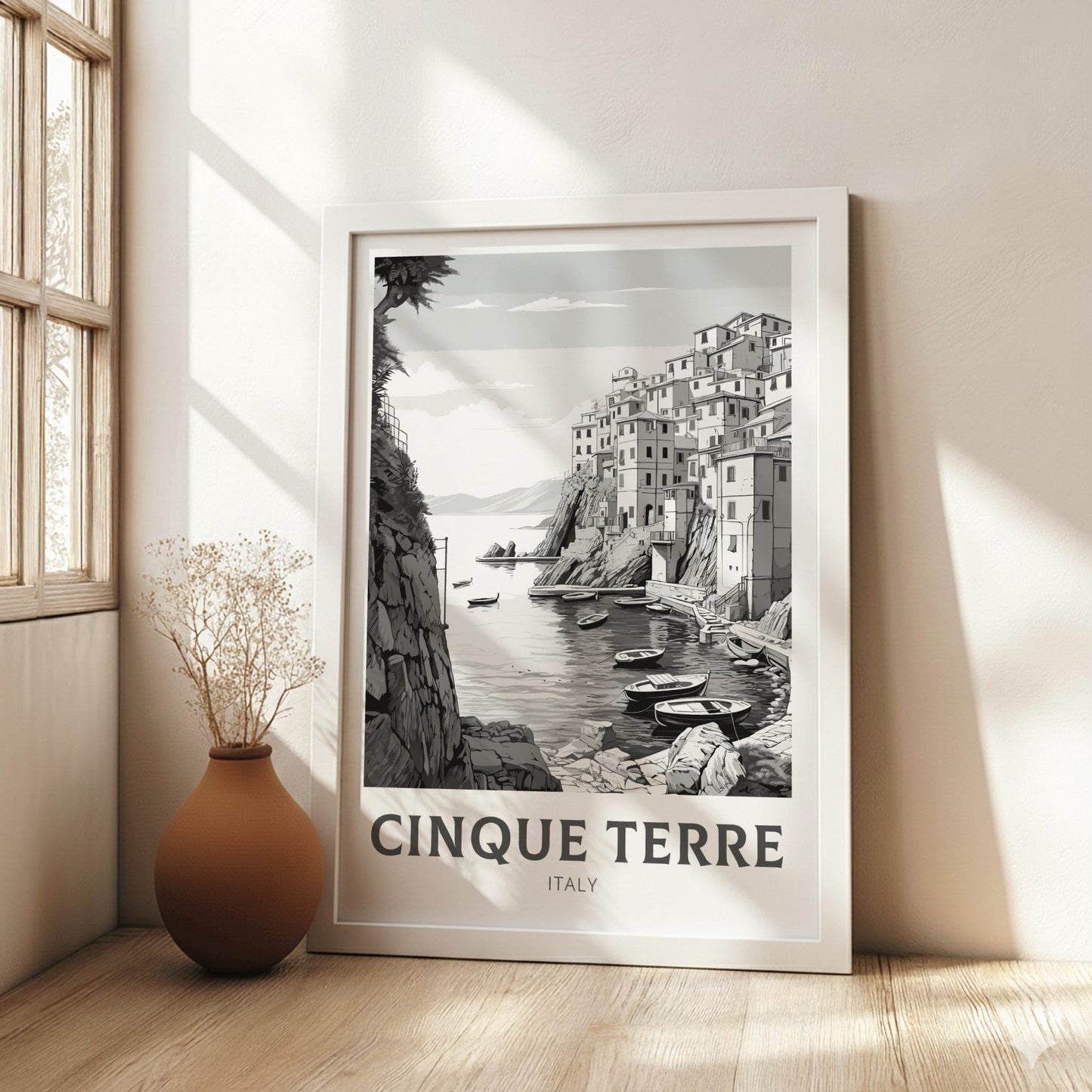 Cinque Terre Schwarz-Weiß-Reiseposter – Italien-Kunstwerk