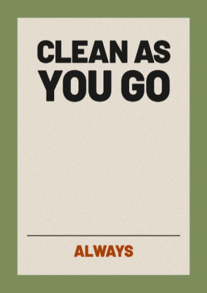 Motivational quotes poster featuring 'Clean as You Go' in bold typography, neutral background, and warm color