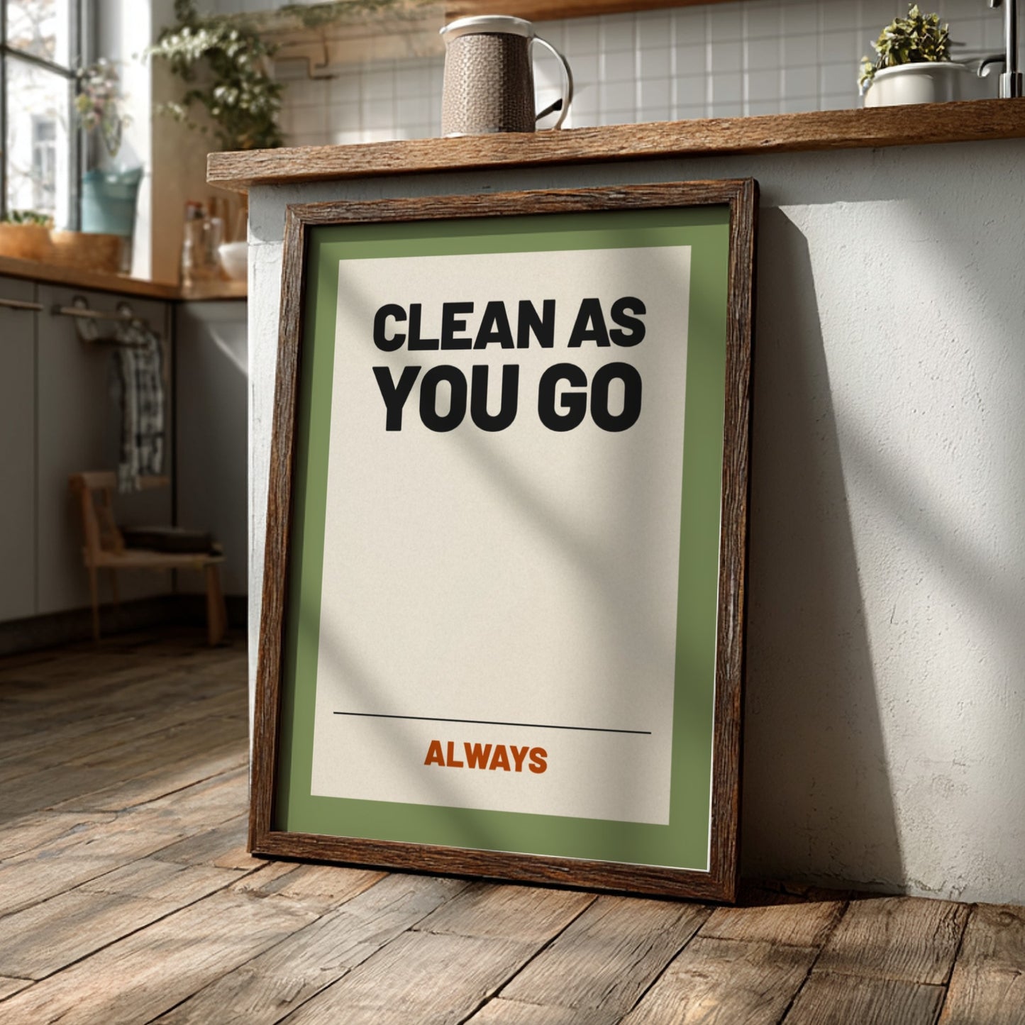 Motivational quotes poster featuring 'Clean as You Go' in bold typography, neutral background, and warm color