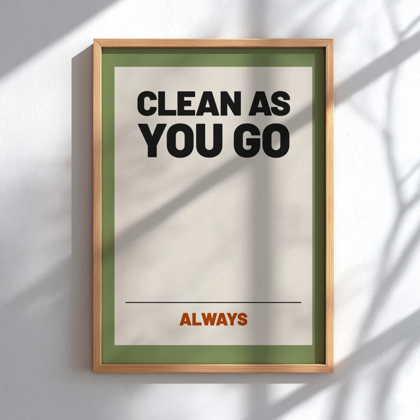 Motivational quotes poster featuring 'Clean as You Go' in bold typography, neutral background, and warm color