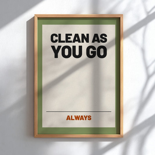 Motivational quotes poster featuring 'Clean as You Go' in bold typography, neutral background, and warm color