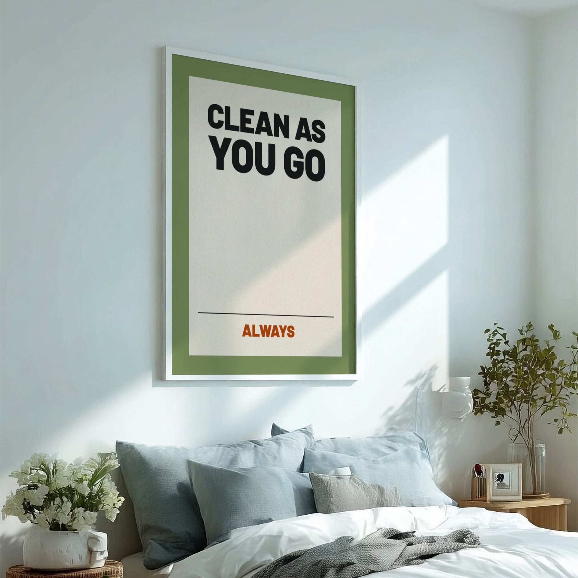Motivational quotes poster featuring 'Clean as You Go' in bold typography, neutral background, and warm color