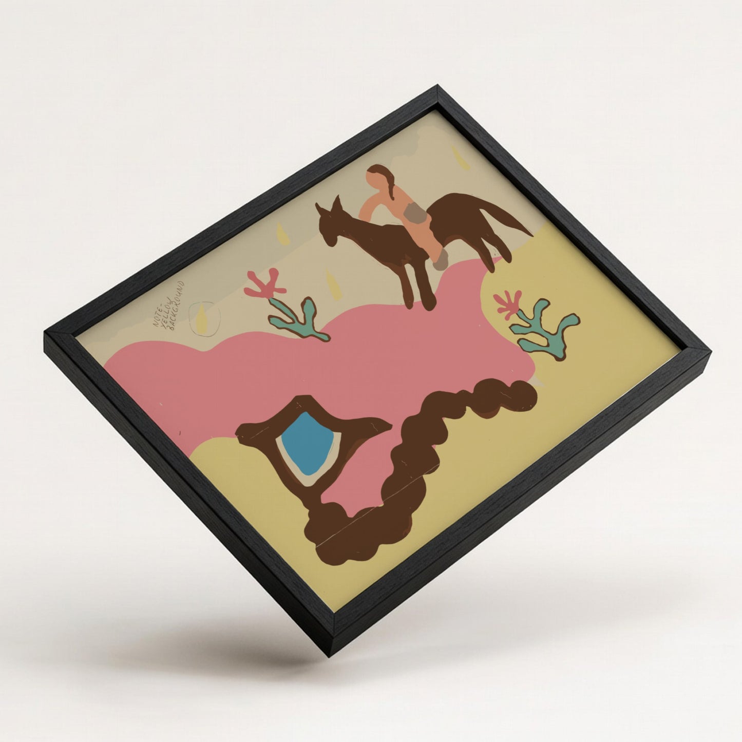 Majel G. Claflin's Colcha drawing featuring a person on horseback, folk art style, pink and yellow palette.