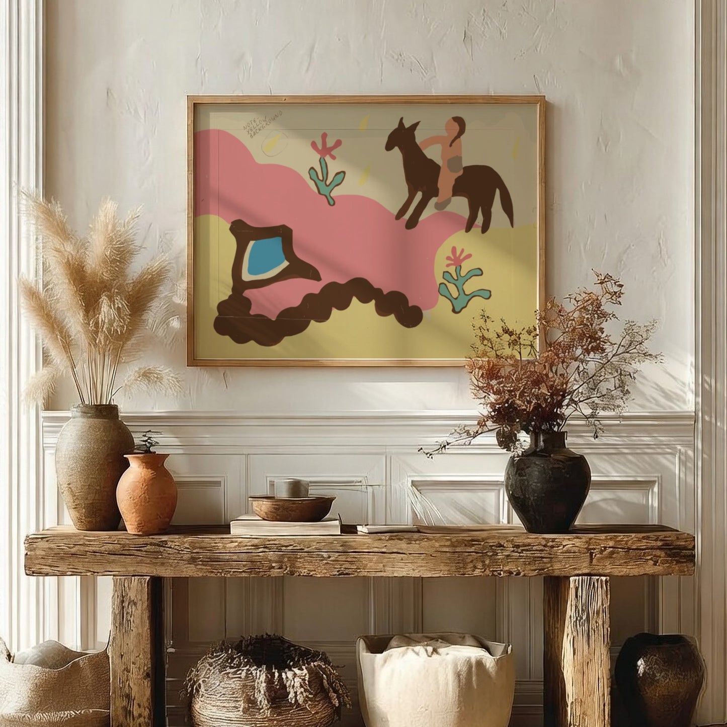 Majel G. Claflin's Colcha drawing featuring a person on horseback, folk art style, pink and yellow palette.