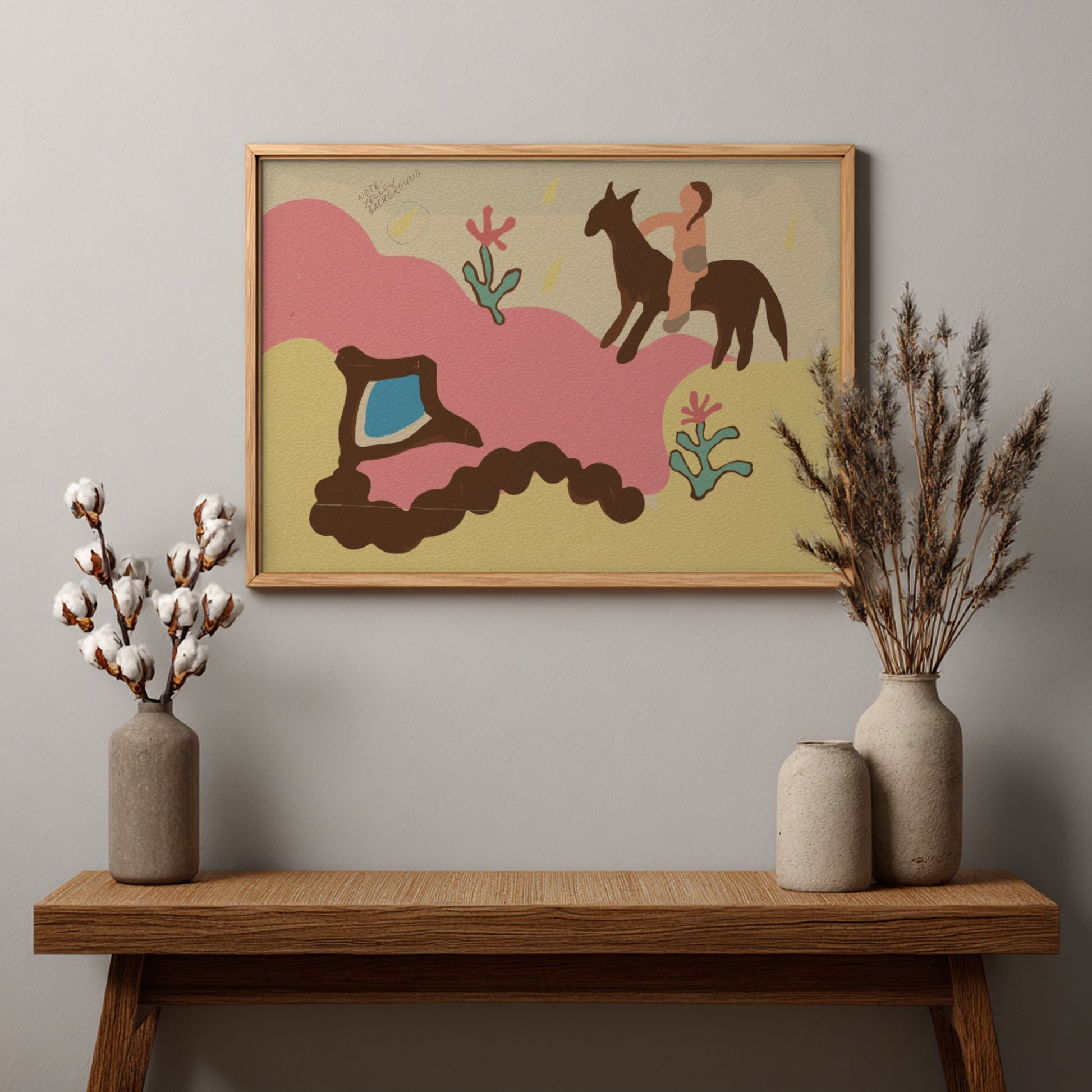 Majel G. Claflin's Colcha drawing featuring a person on horseback, folk art style, pink and yellow palette.