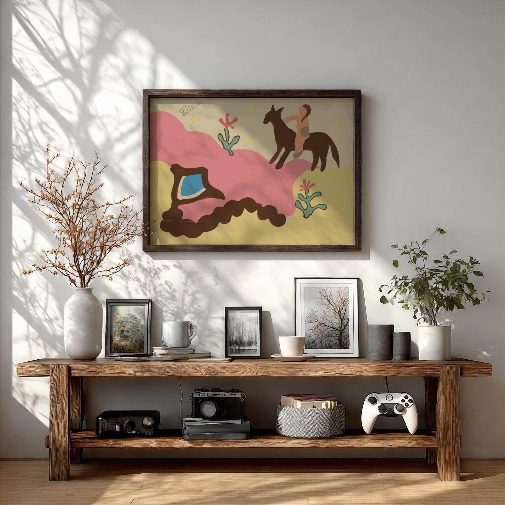 Majel G. Claflin's Colcha drawing featuring a person on horseback, folk art style, pink and yellow palette.