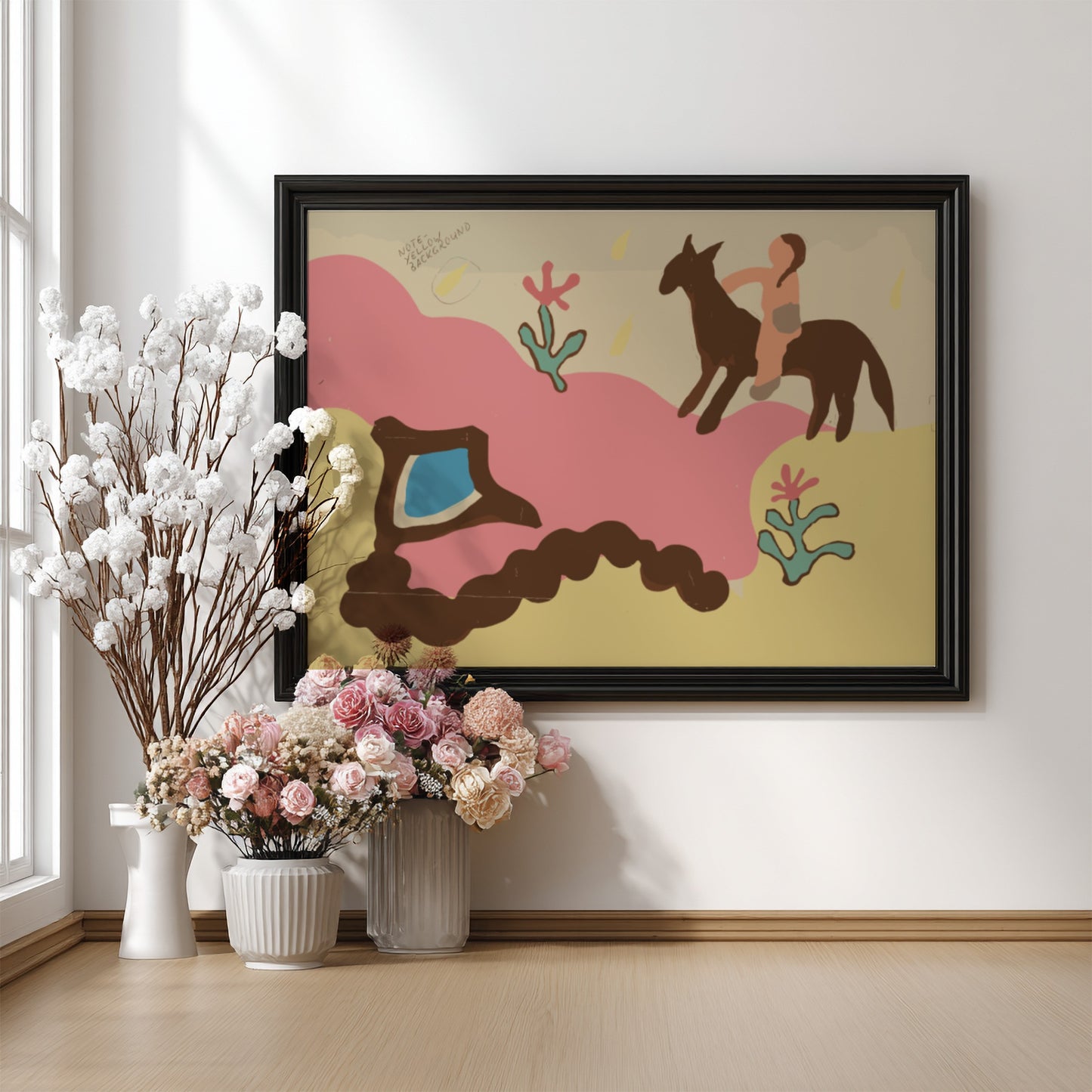 Majel G. Claflin's Colcha drawing featuring a person on horseback, folk art style, pink and yellow palette.