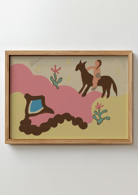 Majel G. Claflin's Colcha drawing featuring a person on horseback, folk art style, pink and yellow palette.
