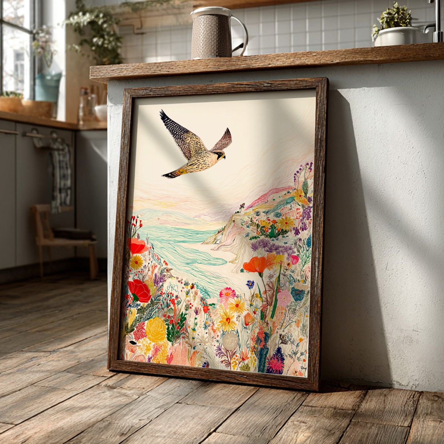 Clifftop Falcon Bloom poster featuring a falcon flying over a colorful floral cliffside and sea.