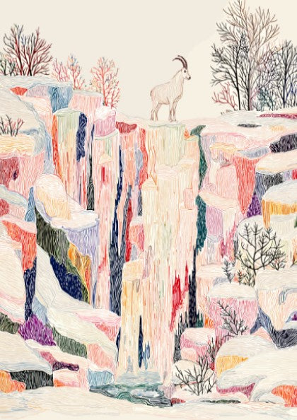 Glacier Falls Sapphire art print featuring a mountain goat on a cliff with colorful, textured rock f