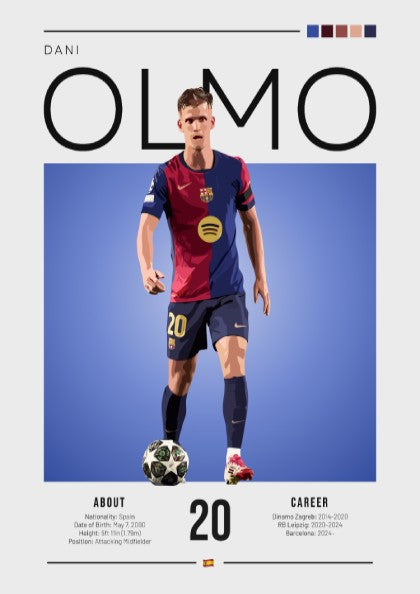 Dani Olmo illustration featuring vibrant colors and dynamic pose, perfect for sports art and wall decor.