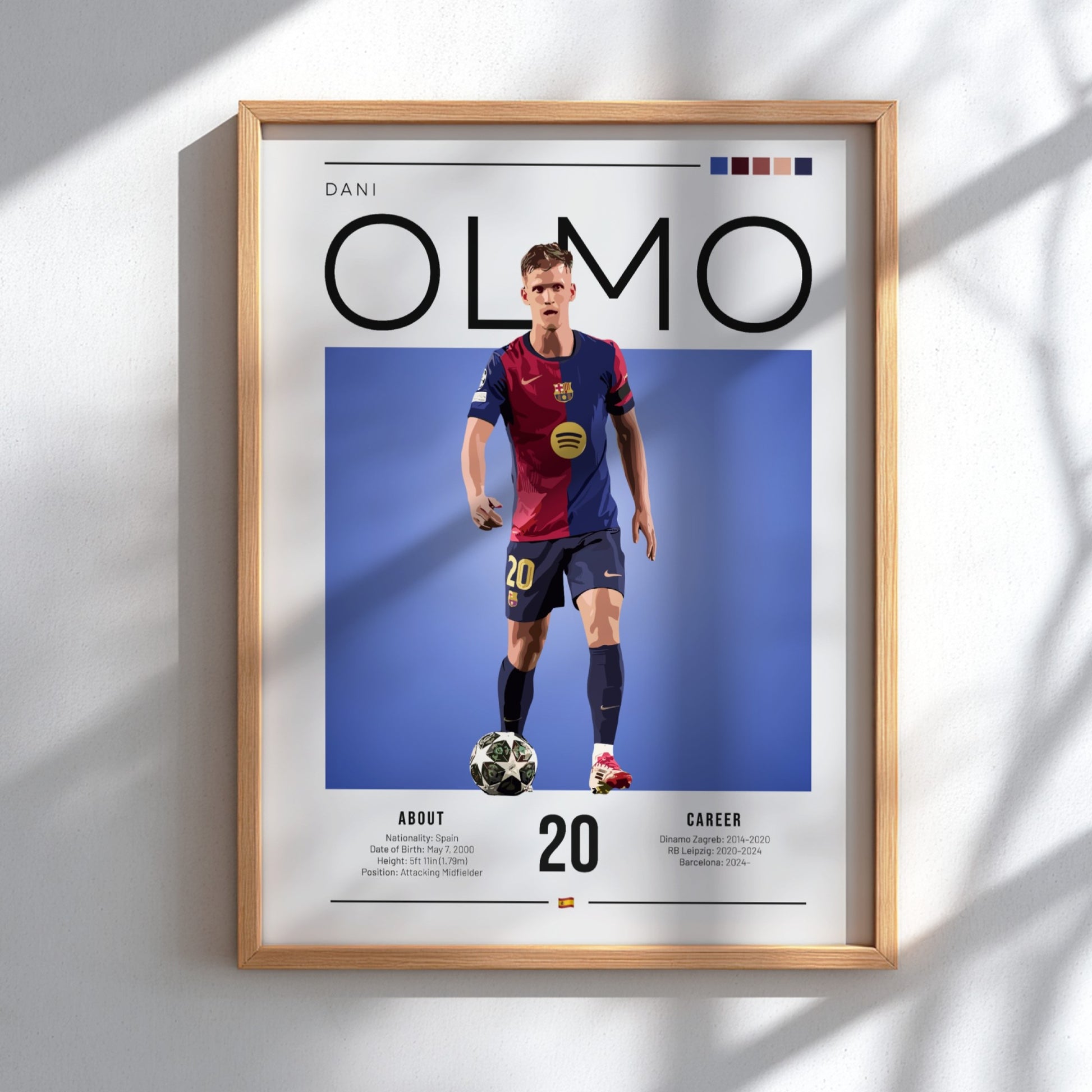 Dani Olmo illustration featuring vibrant colors and dynamic pose, perfect for sports art and wall decor.