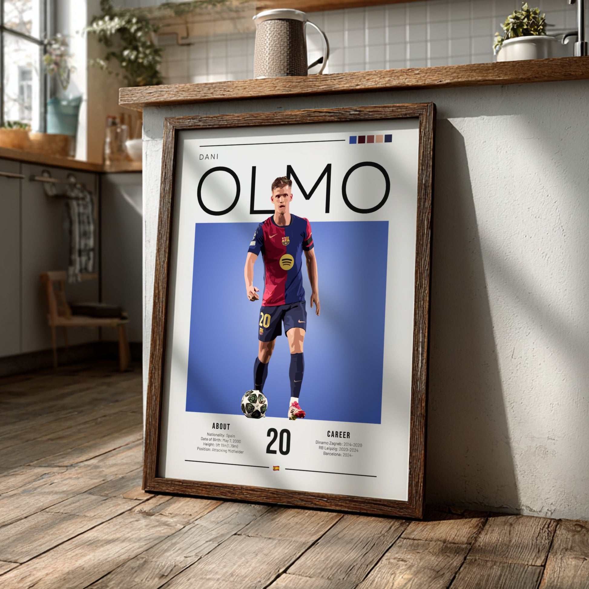 Dani Olmo illustration featuring vibrant colors and dynamic pose, perfect for sports art and wall decor.