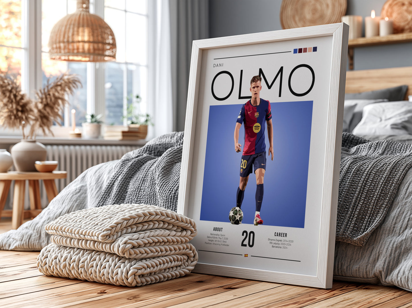 Dani Olmo illustration featuring vibrant colors and dynamic pose, perfect for sports art and wall decor.