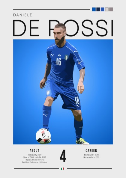Daniele De Rossi poster featuring vibrant blue colors and dynamic football action, celebrating an Italian