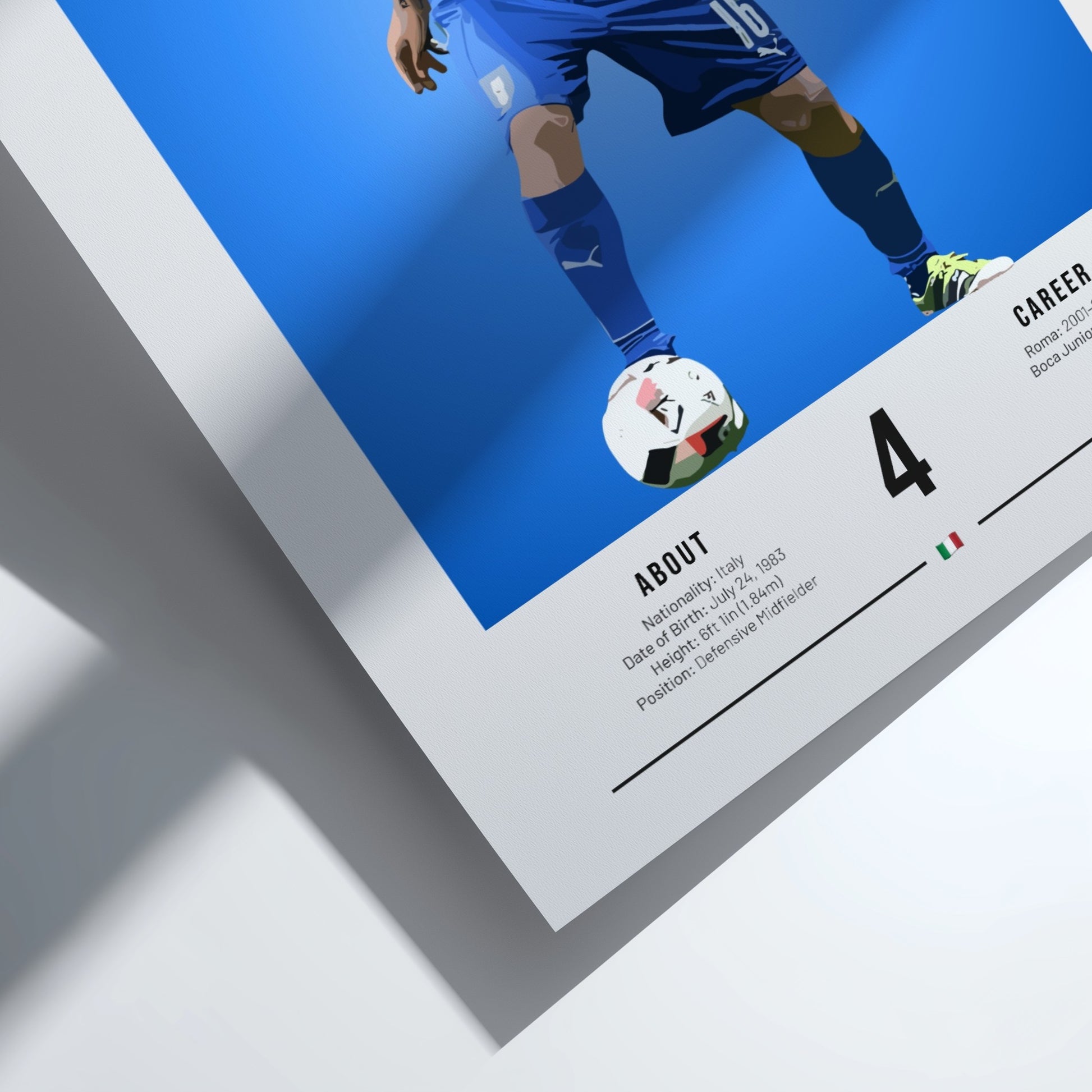 Daniele De Rossi poster featuring vibrant blue colors and dynamic football action, celebrating an Italian