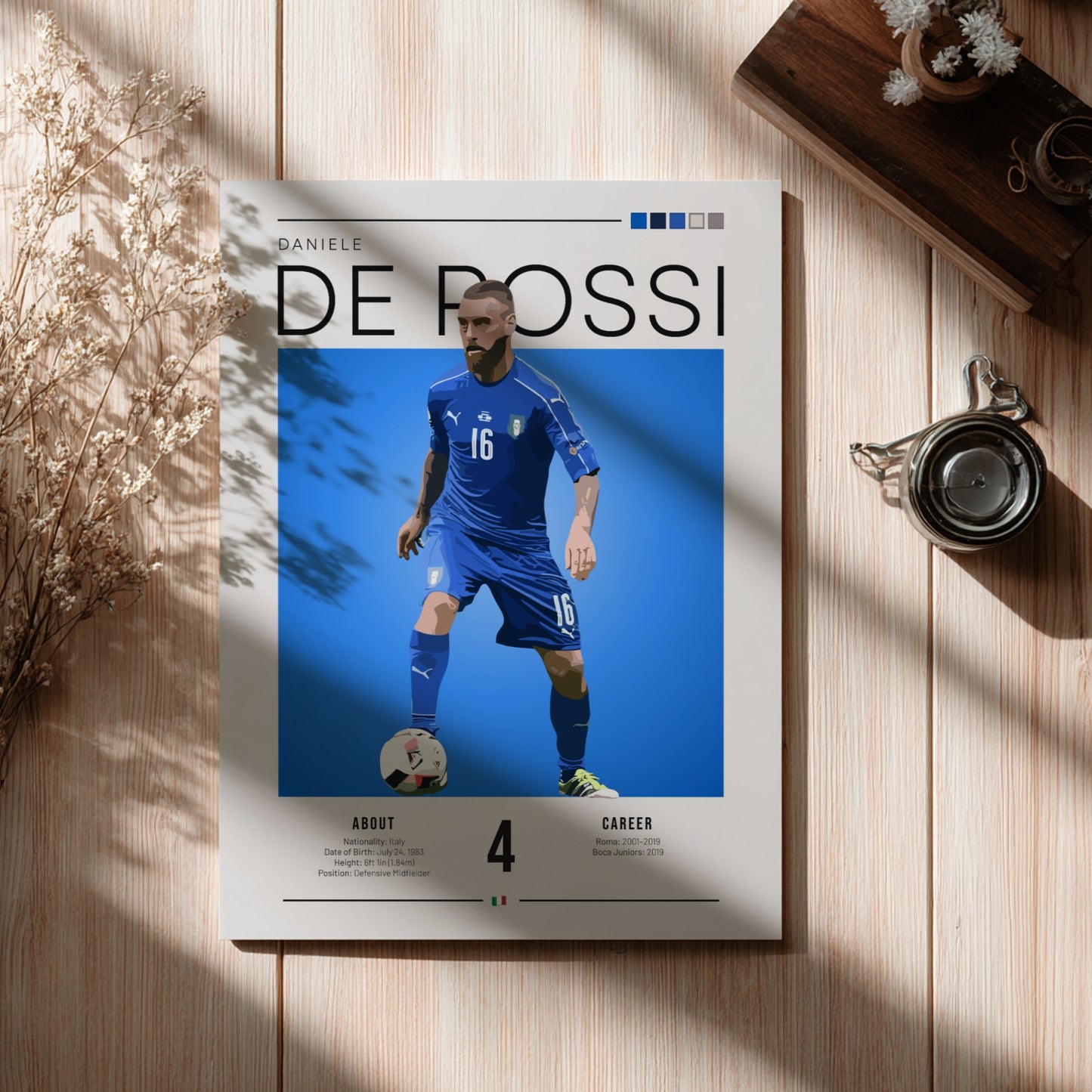 Daniele De Rossi poster featuring vibrant blue colors and dynamic football action, celebrating an Italian