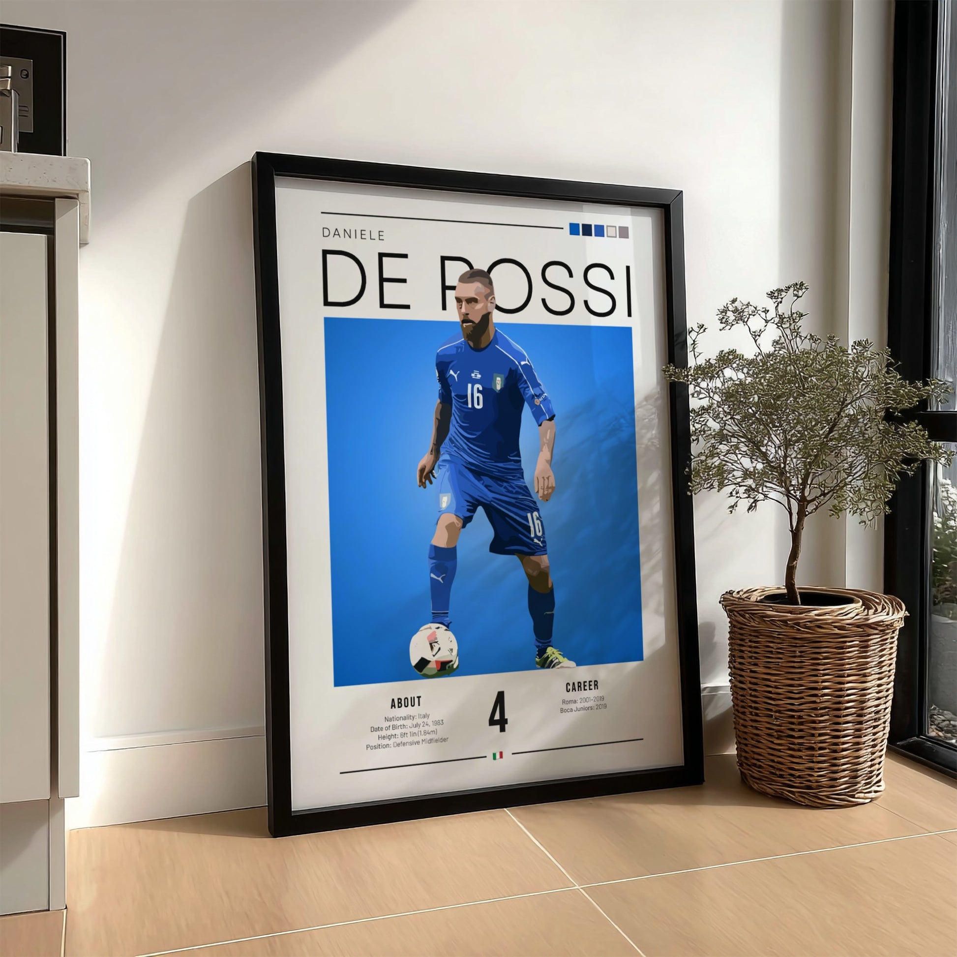 Daniele De Rossi poster featuring vibrant blue colors and dynamic football action, celebrating an Italian