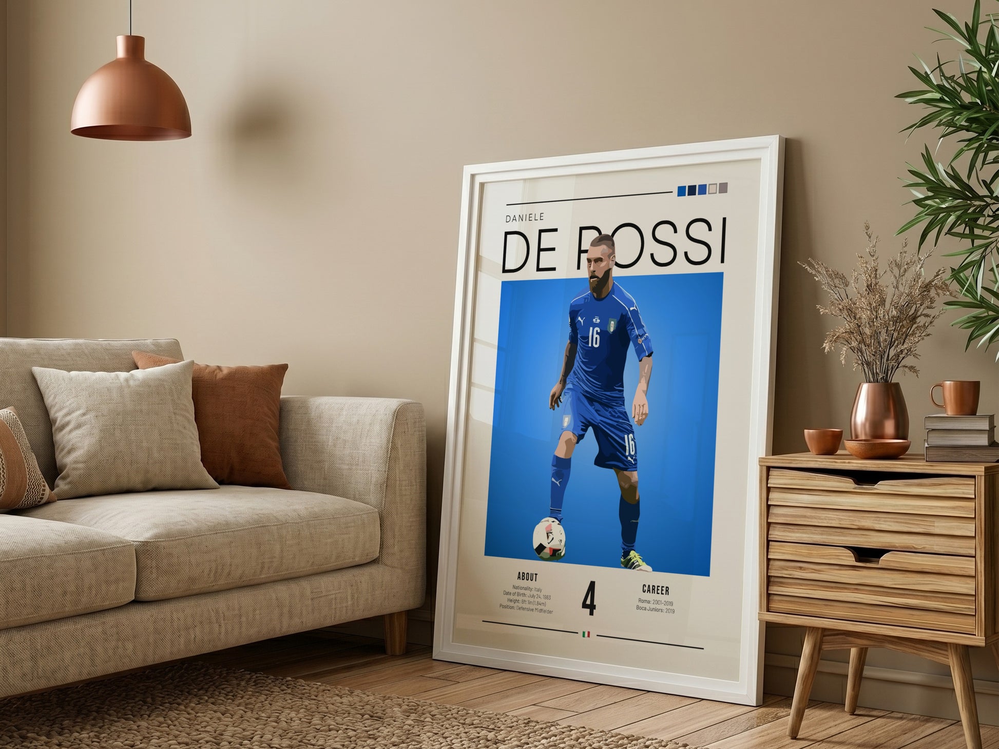 Daniele De Rossi poster featuring vibrant blue colors and dynamic football action, celebrating an Italian