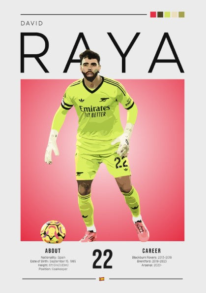 David Raya poster featuring vibrant colors and dynamic design, sports art print for wall decor