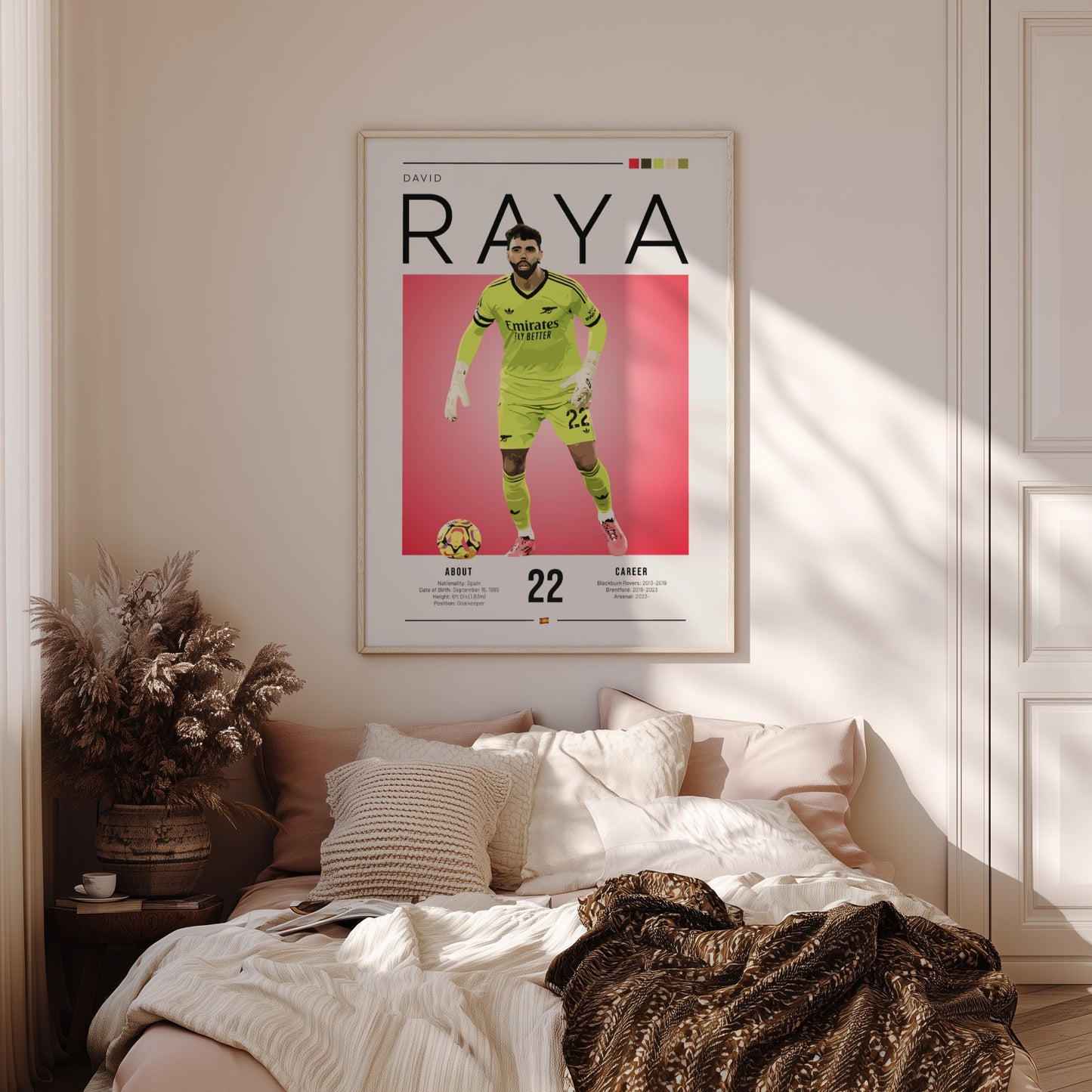 David Raya poster featuring vibrant colors and dynamic design, sports art print for wall decor