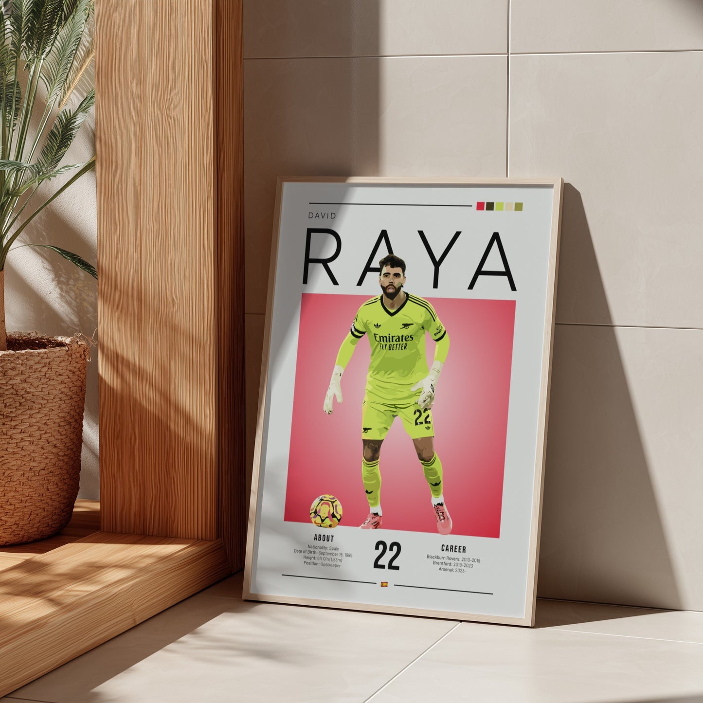 David Raya poster featuring vibrant colors and dynamic design, sports art print for wall decor