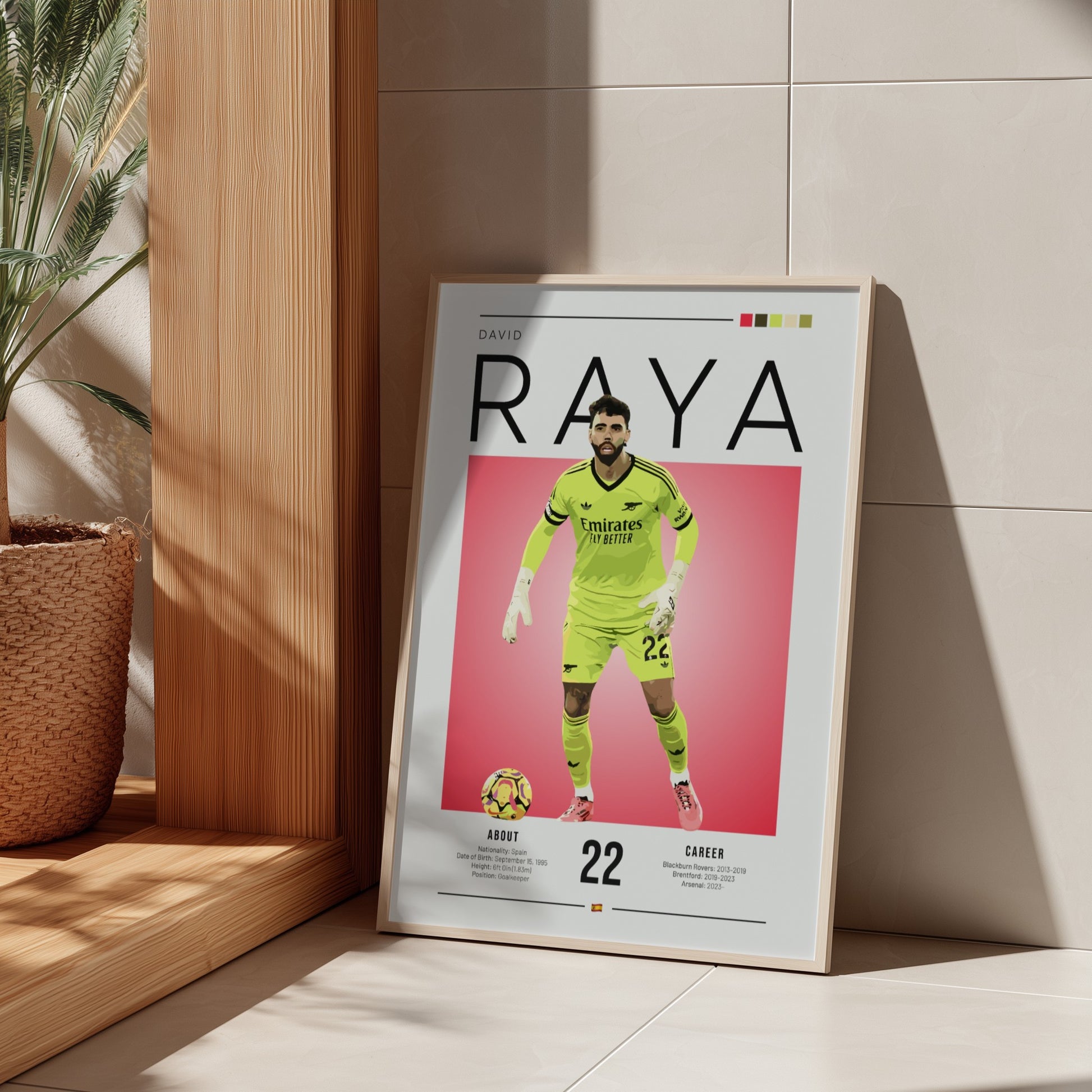 David Raya poster featuring vibrant colors and dynamic design, sports art print for wall decor