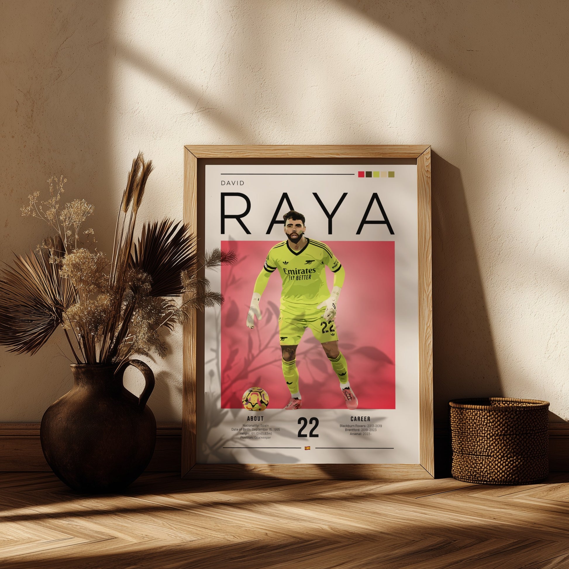 David Raya poster featuring vibrant colors and dynamic design, sports art print for wall decor