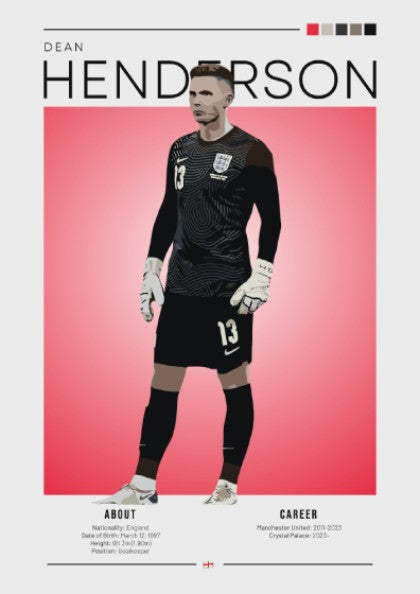 Dean Henderson poster featuring England National Team colors and modern design, perfect for football fans.