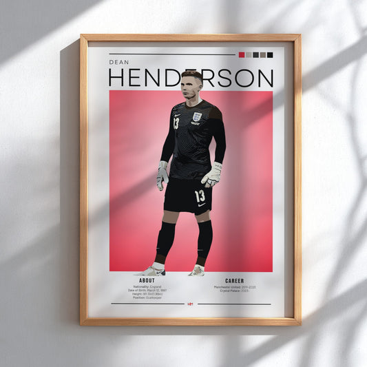 Dean Henderson poster featuring England National Team colors and modern design, perfect for football fans.