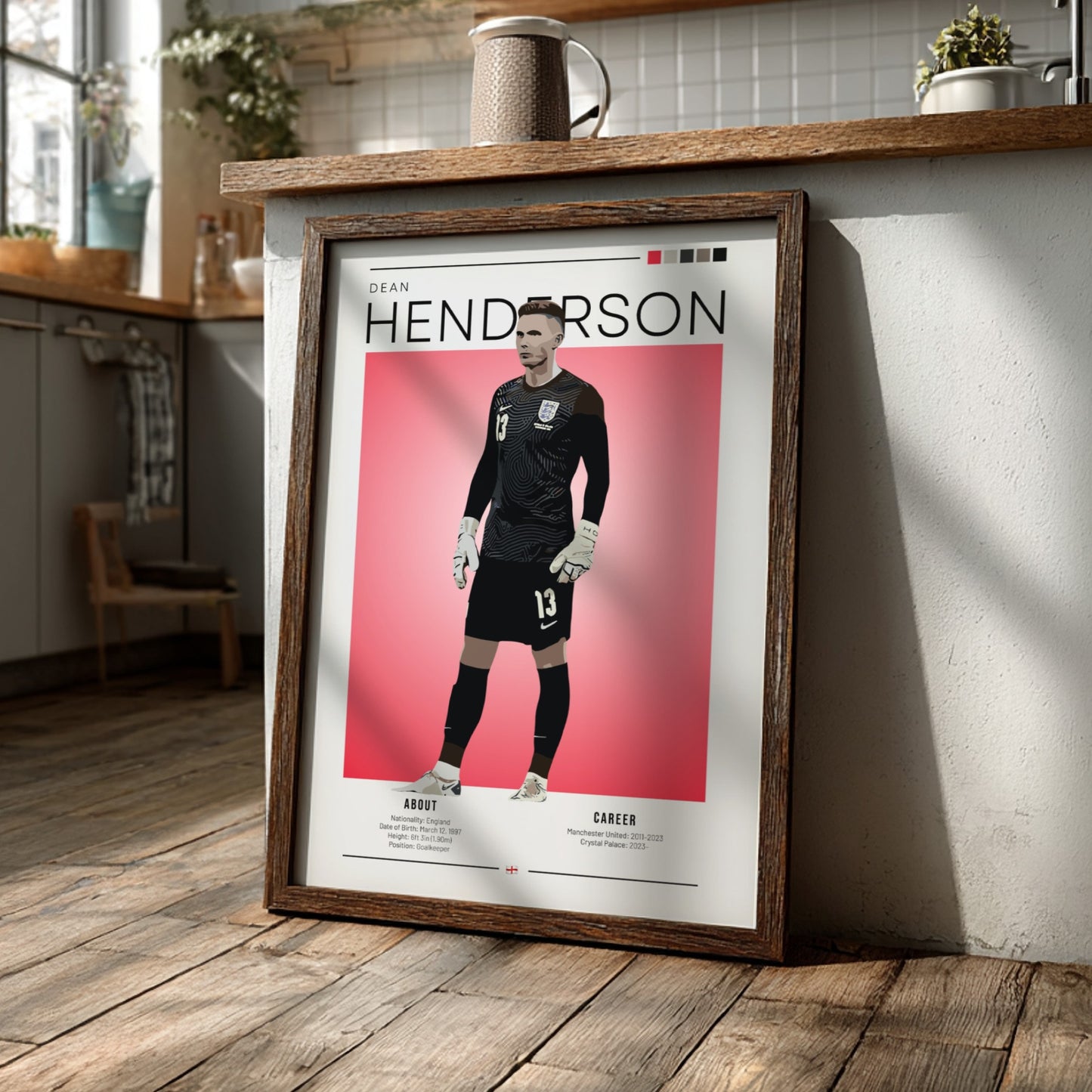 Dean Henderson poster featuring England National Team colors and modern design, perfect for football fans.