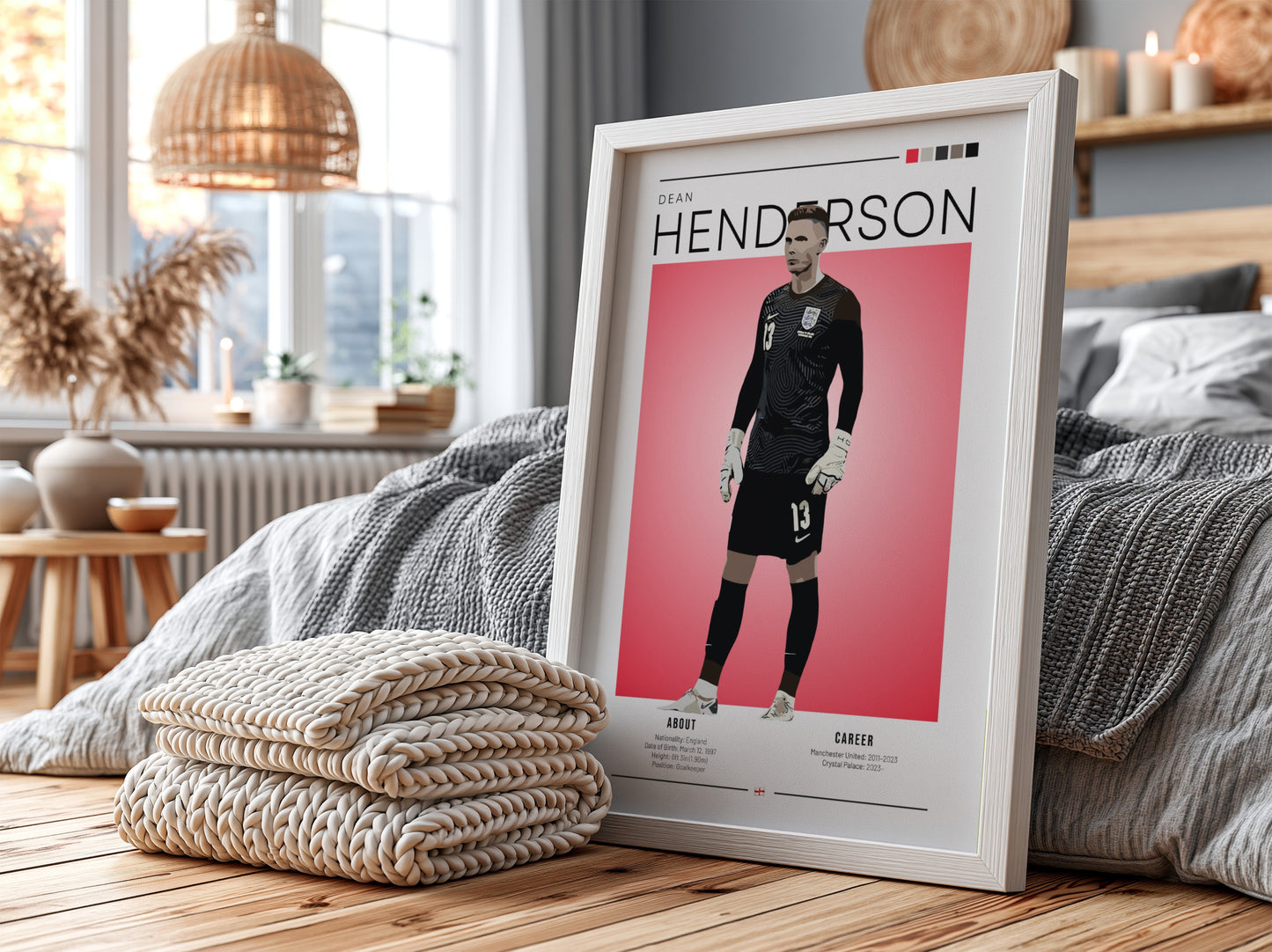 Dean Henderson poster featuring England National Team colors and modern design, perfect for football fans.